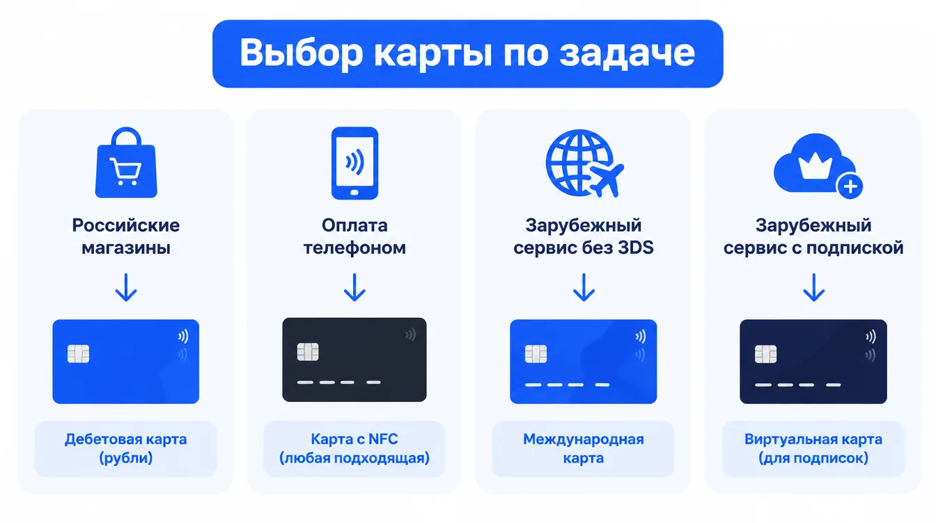 Схема: выбор карты по задаче — российские магазины, оплата телефоном, зарубежный сервис без 3DS, зарубежный сервис с подпиской