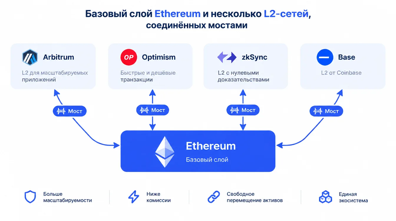 Схема: базовый слой Ethereum и несколько L2-сетей, соединённых мостами