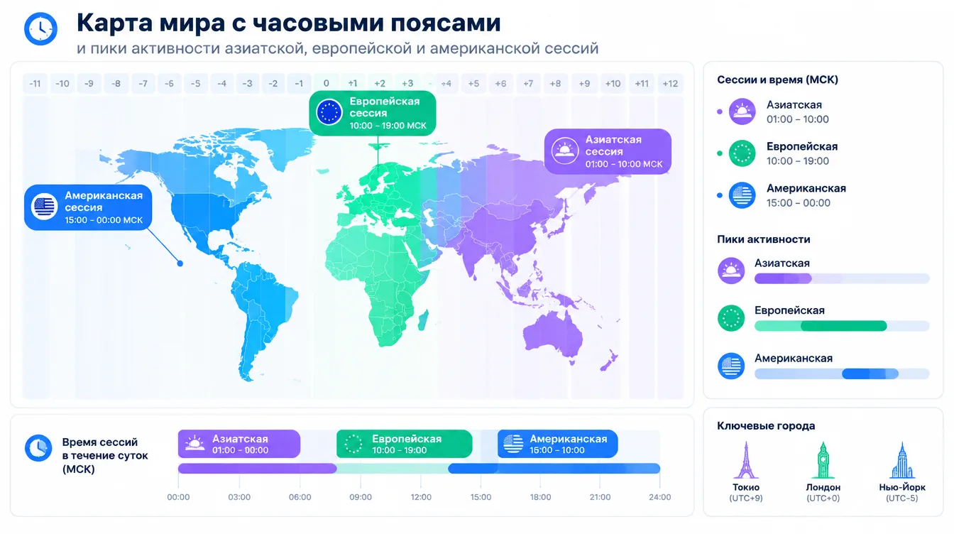 Схема: карта мира с часовыми поясами и пики активности азиатской, европейской и американской сессий