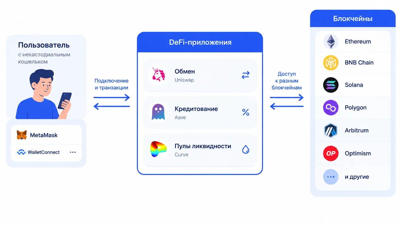 Схема: пользователь с некастодиальным кошельком взаимодействует с DeFi-приложениями — обменом, кредитованием и пулами ликвидности — на разных блокчейнах