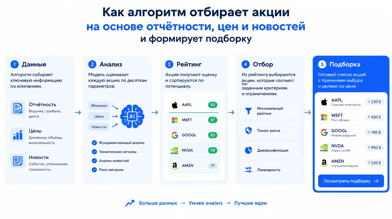 Схема: как алгоритм отбирает акции на основе отчётности, цен и новостей и формирует подборку
