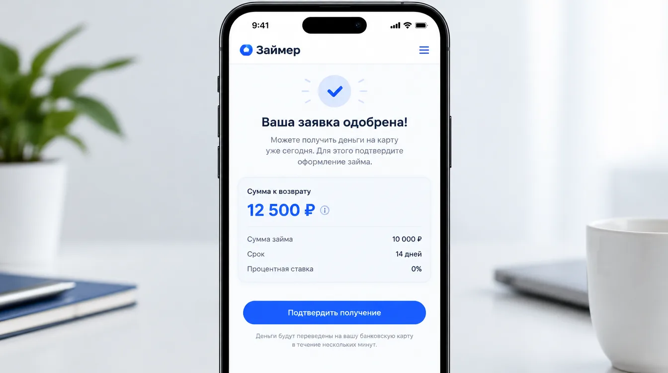 Скриншот: экран телефона с результатом одобрения заявки и суммой к возврату