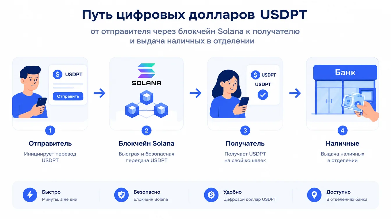 Схема: путь цифровых долларов USDPT от отправителя через блокчейн Solana к получателю и выдача наличных в отделении