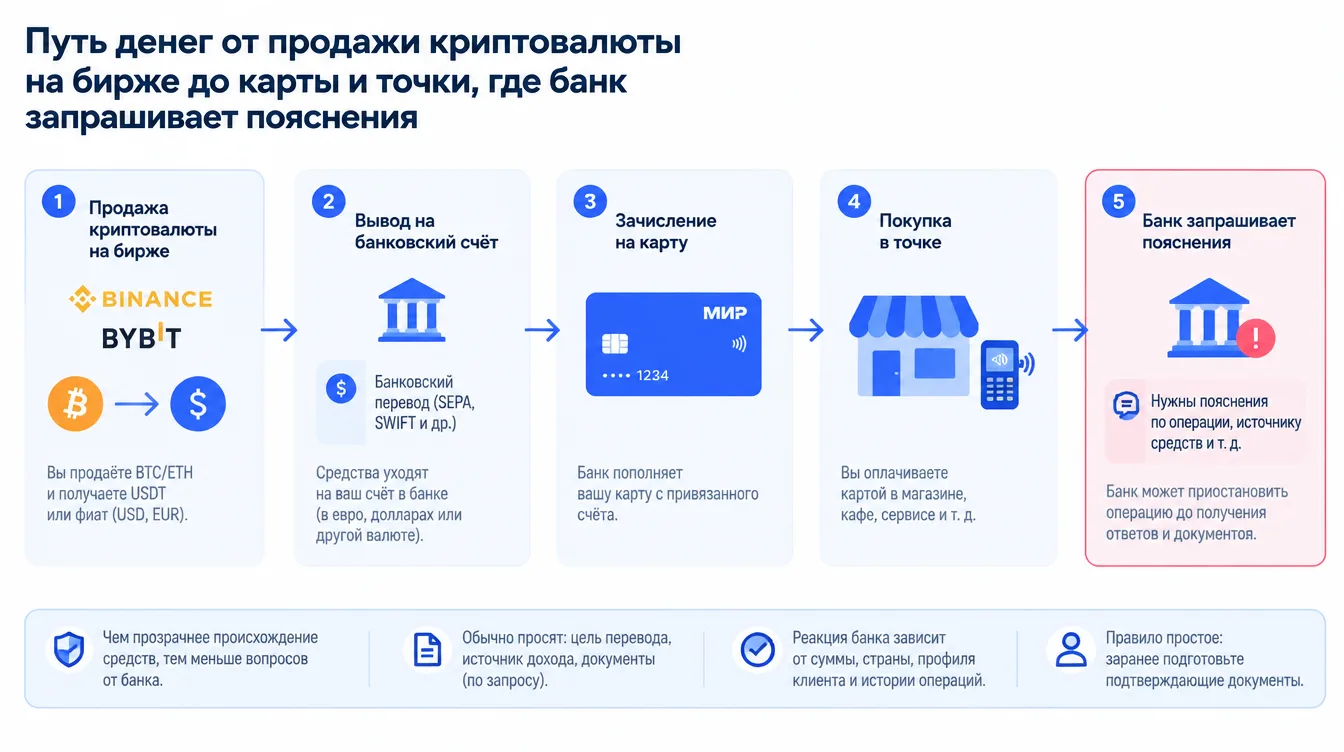 Схема: путь денег от продажи криптовалюты на бирже до карты и точки, где банк запрашивает пояснения