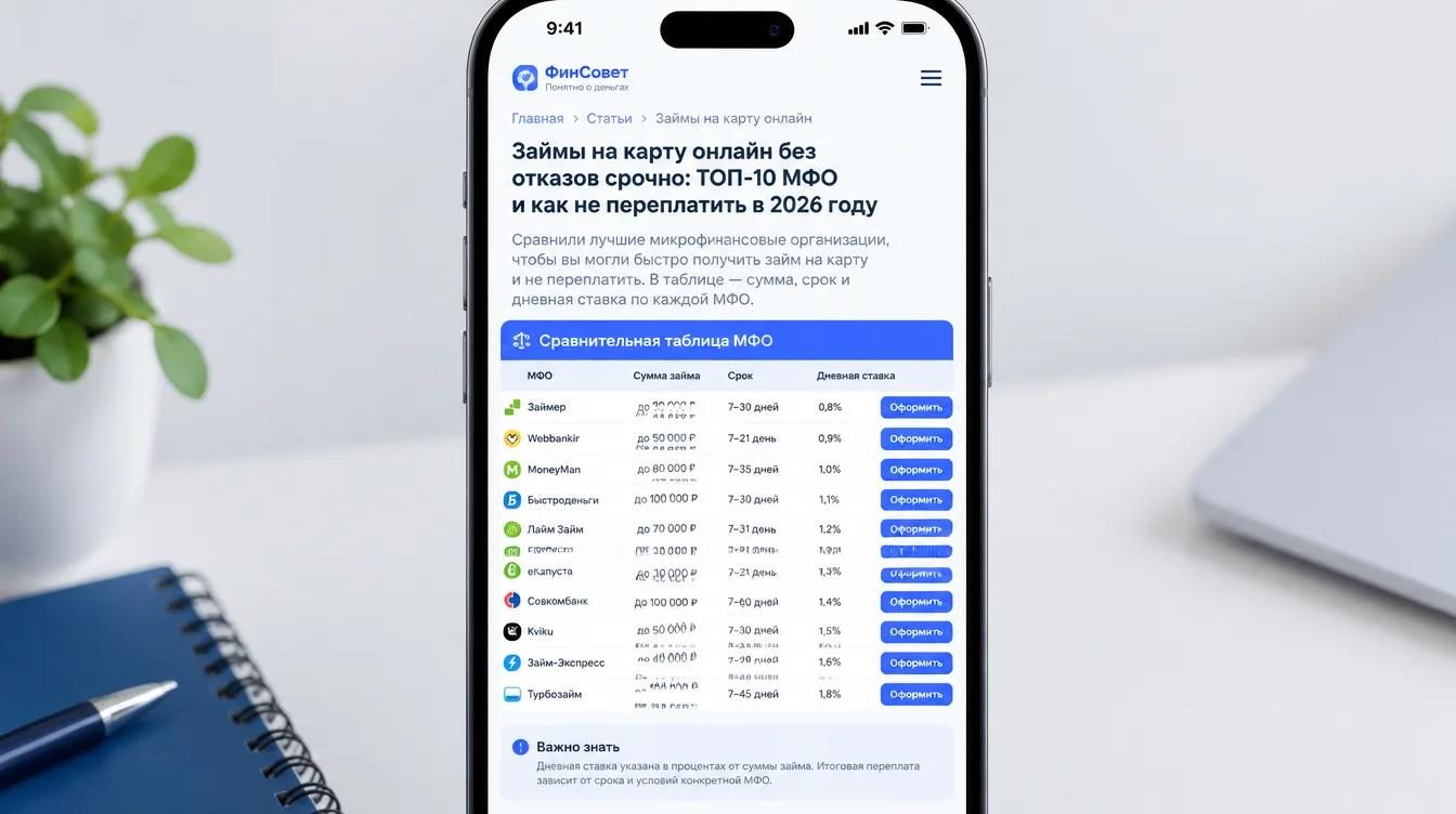 Скриншот: сравнительная таблица МФО с суммой, сроком и дневной ставкой на экране смартфона