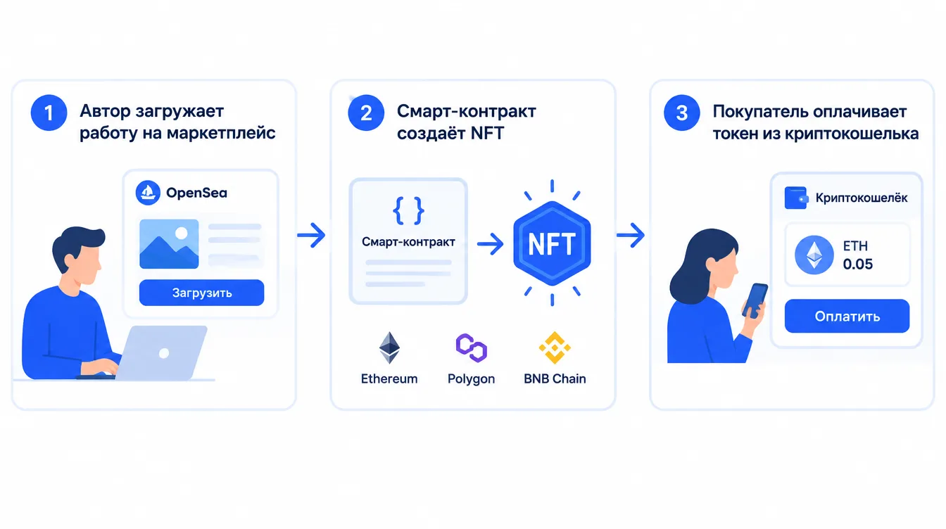 Схема: автор загружает работу на маркетплейс, смарт-контракт создаёт NFT, покупатель оплачивает токен из криптокошелька