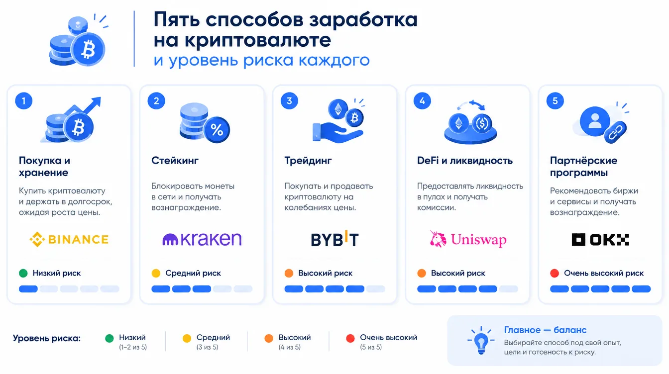 Схема: пять способов заработка на криптовалюте и уровень риска каждого