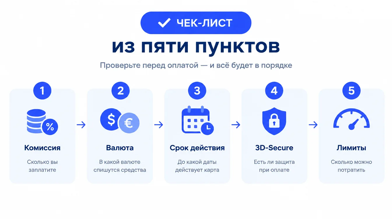 Схема: чек-лист из пяти пунктов — комиссия, валюта, срок действия, 3D-Secure, лимиты