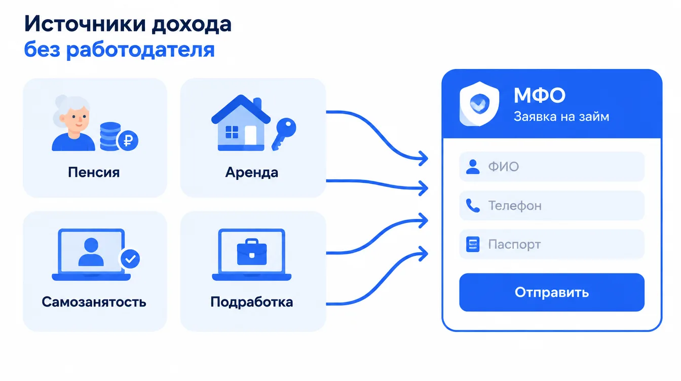 Схема: источники дохода без работодателя (пенсия, аренда, самозанятость, подработка), стрелки к анкете МФО