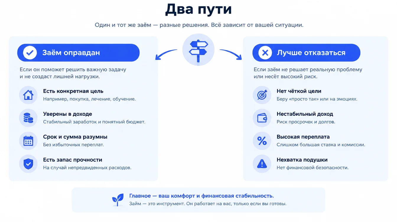 Схема: два пути — «заём оправдан» и «лучше отказаться» с короткими критериями
