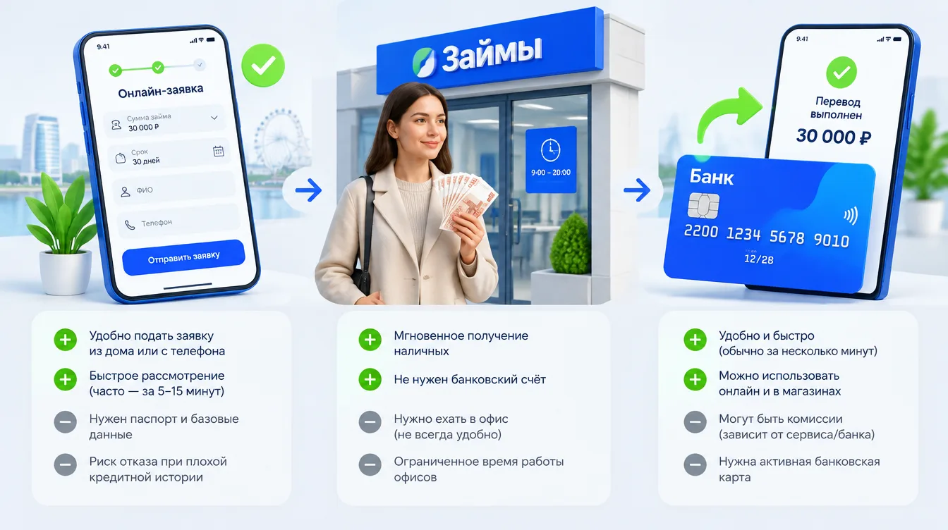Три колонки: онлайн-заявка, получение наличными в офисе и перевод на карту с плюсами и минусами