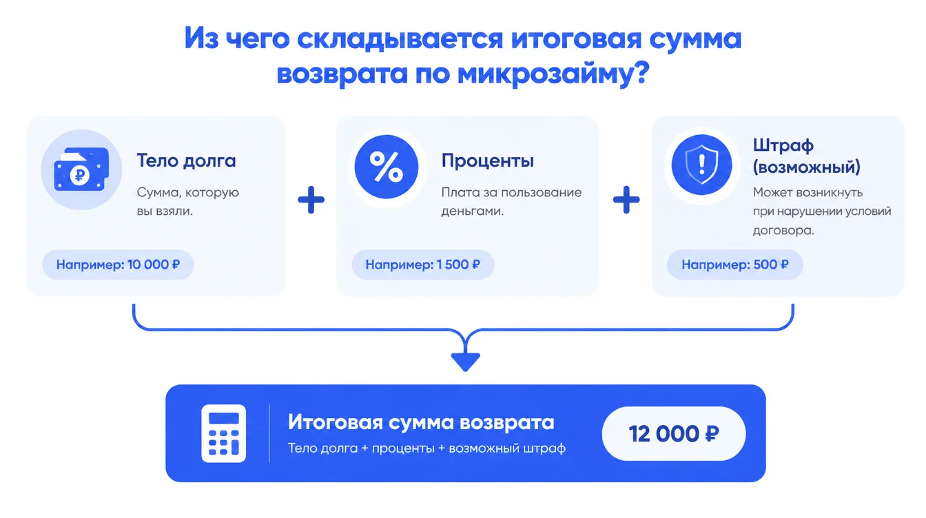 Схема: из чего складывается итоговая сумма возврата по микрозайму — тело долга, проценты, возможный штраф