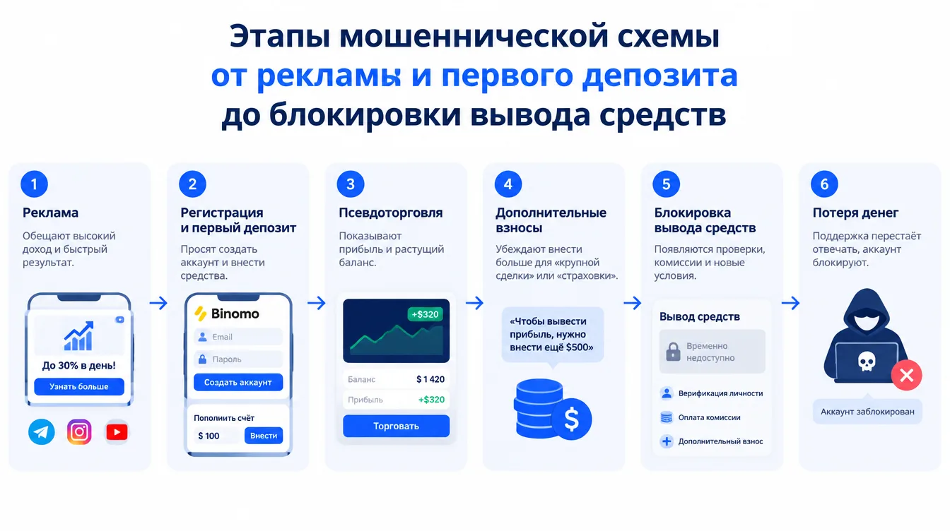 Схема: этапы мошеннической схемы от рекламы и первого депозита до блокировки вывода средств